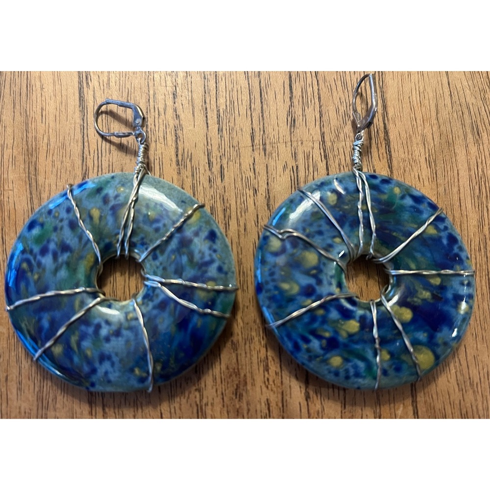 Handmade Blue Green Glazed Stone Wire Wrapped Donut Hoop Earrings 2" Statement